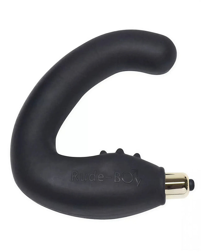 Rocks Off Rude Boy 7 speed vibrator in black with a curved design and gold accent on the base.