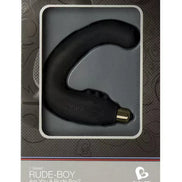 Rocks Off Rude Boy 7 speed vibrator in a black curved design, displayed in a sleek packaging with text details.