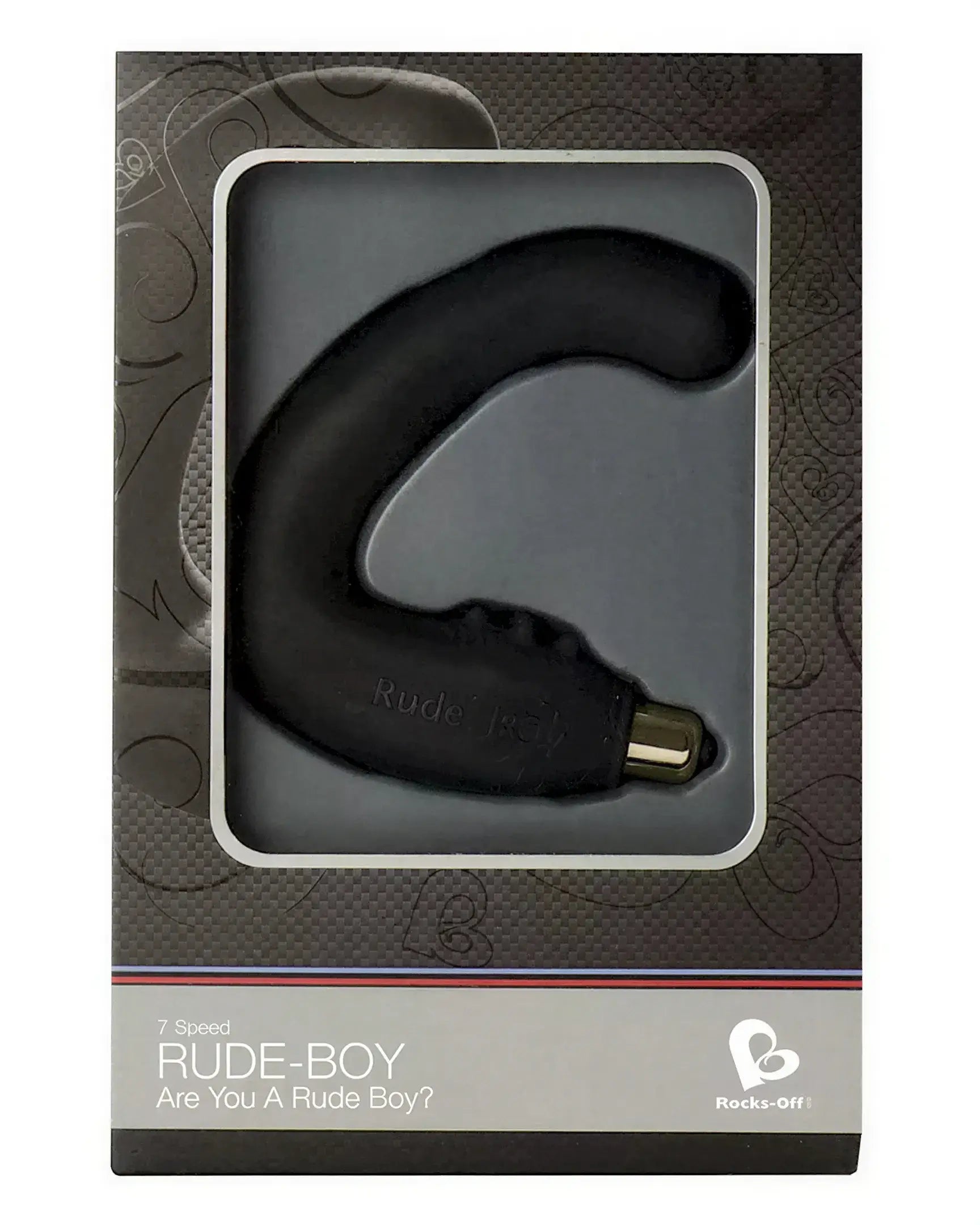 Rocks Off Rude Boy 7 speed vibrator in a black curved design, displayed in a sleek packaging with text details.