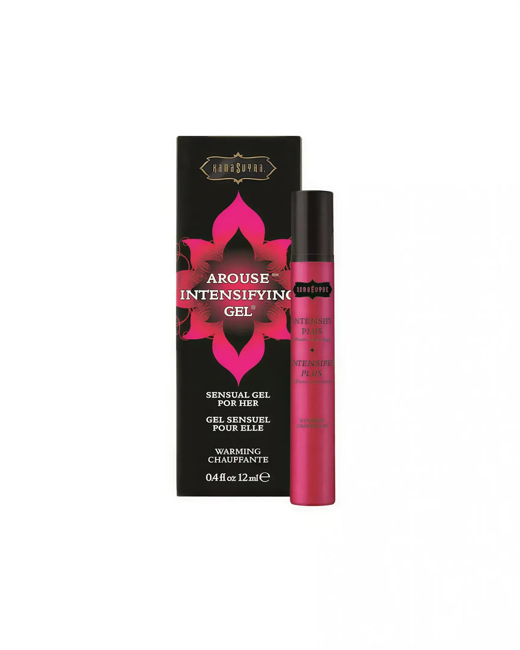 Kama Sutra intensifying gel for women in a 12ml tube, displayed with a black and pink box featuring floral design.
