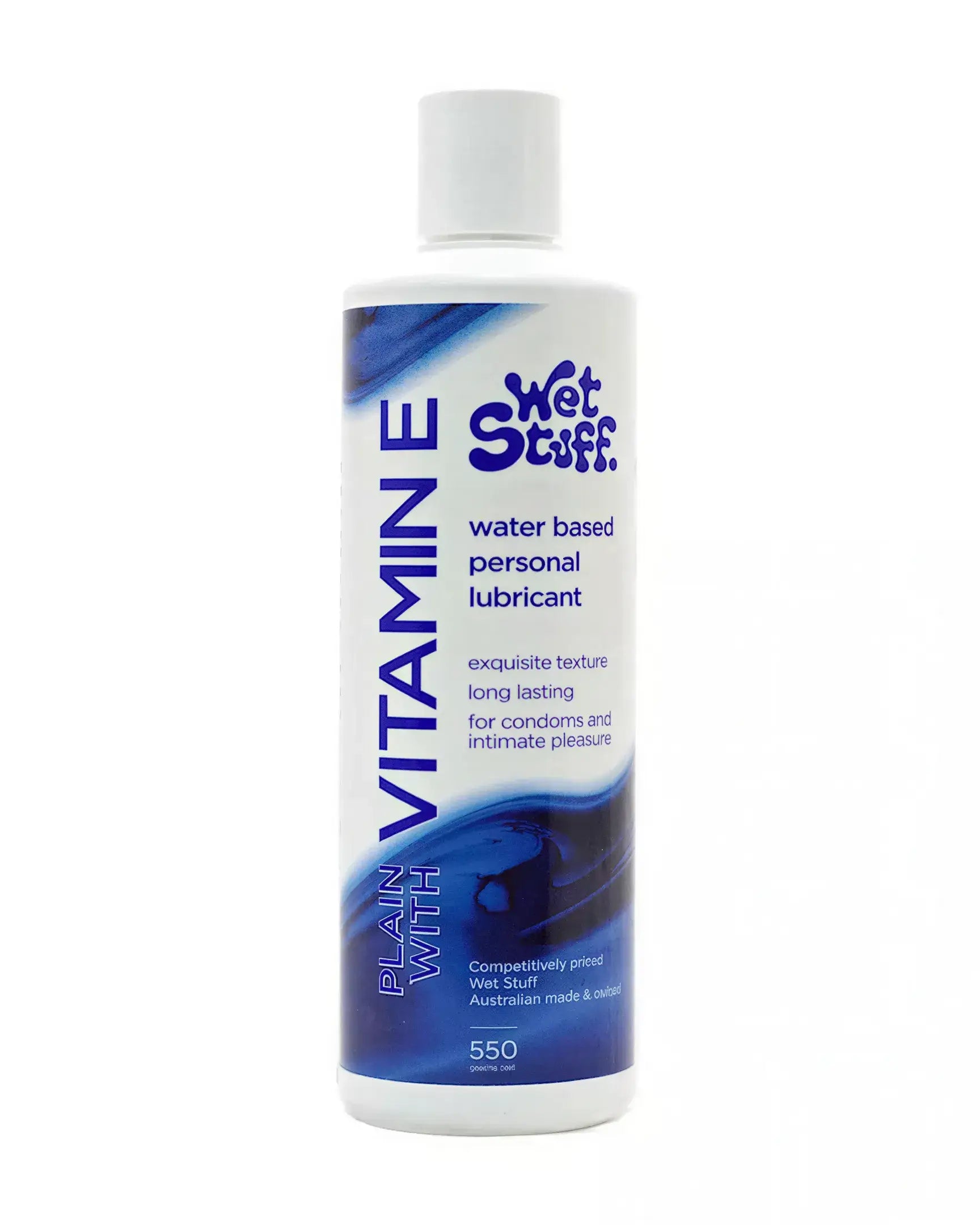 Wet Stuff Vitamin E lubricant, 550g disc top bottle with blue and white label, water-based formula for personal use.
