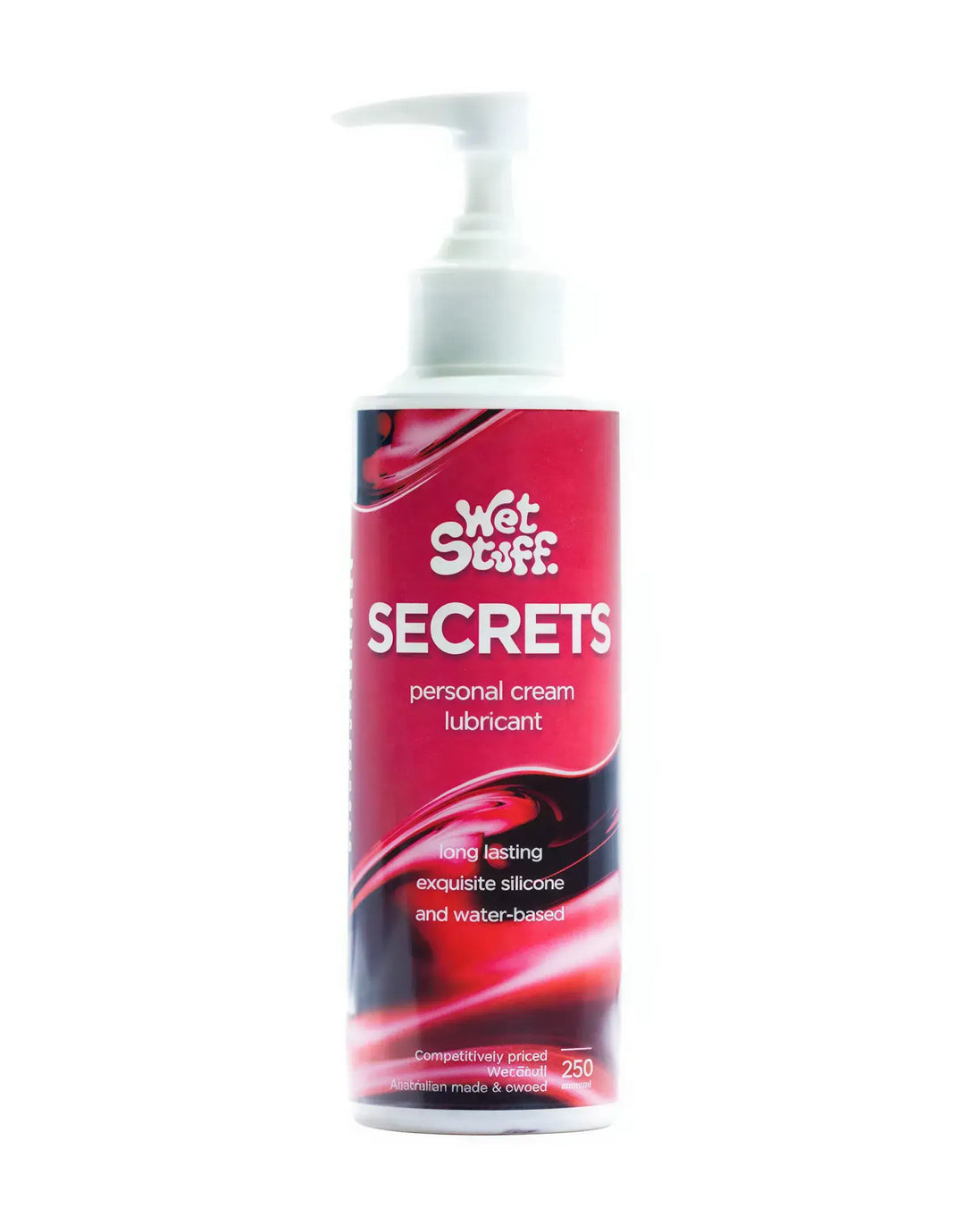 Wet Stuff Secrets personal cream lubricant in a 250g pump bottle with a red and white label.