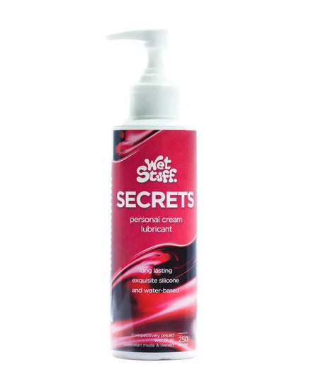 Wet Stuff Secrets personal cream lubricant in a 250g pump bottle with a red and white label.