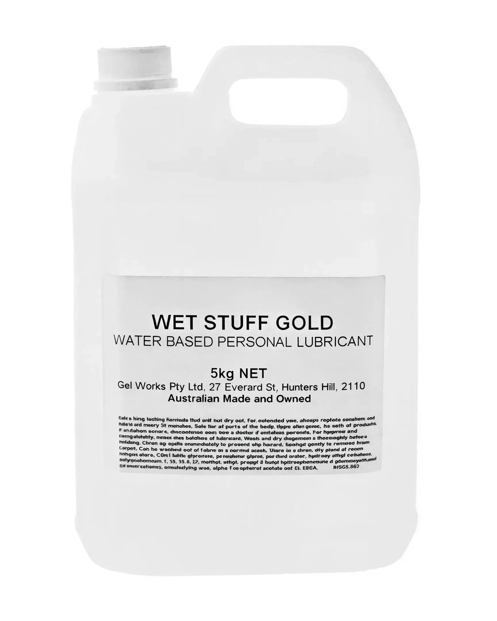 Wet Stuff Gold lubricant in a 5kg clear plastic container with a white label and black text.