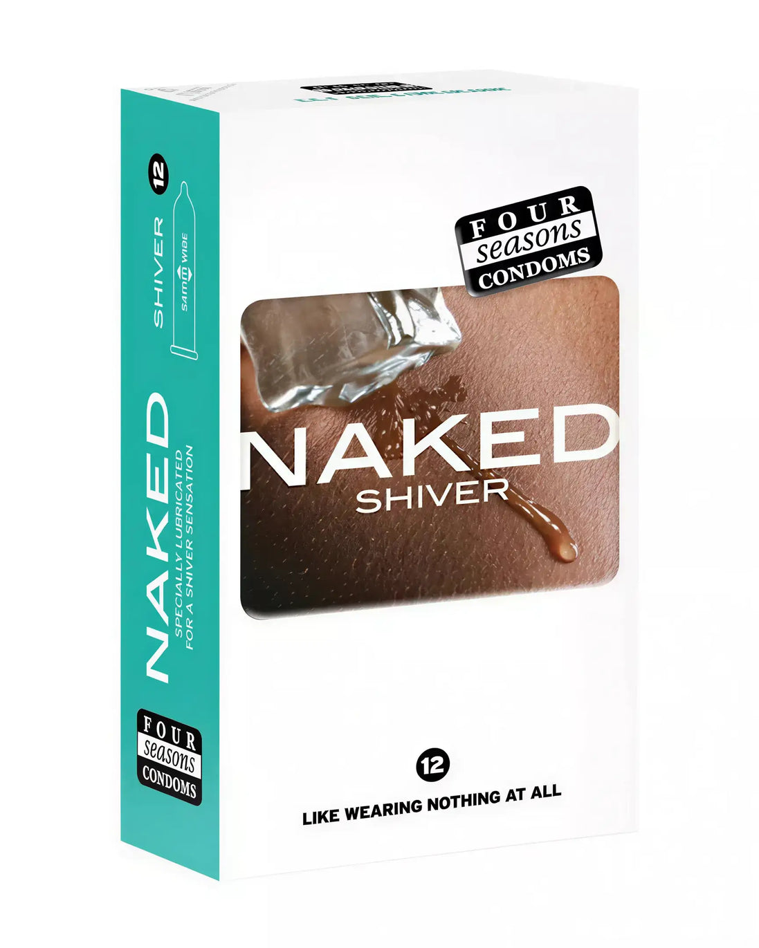 Four Seasons Naked Shiver condoms 12 pack, featuring a sleek white box with teal accents and a clear window.