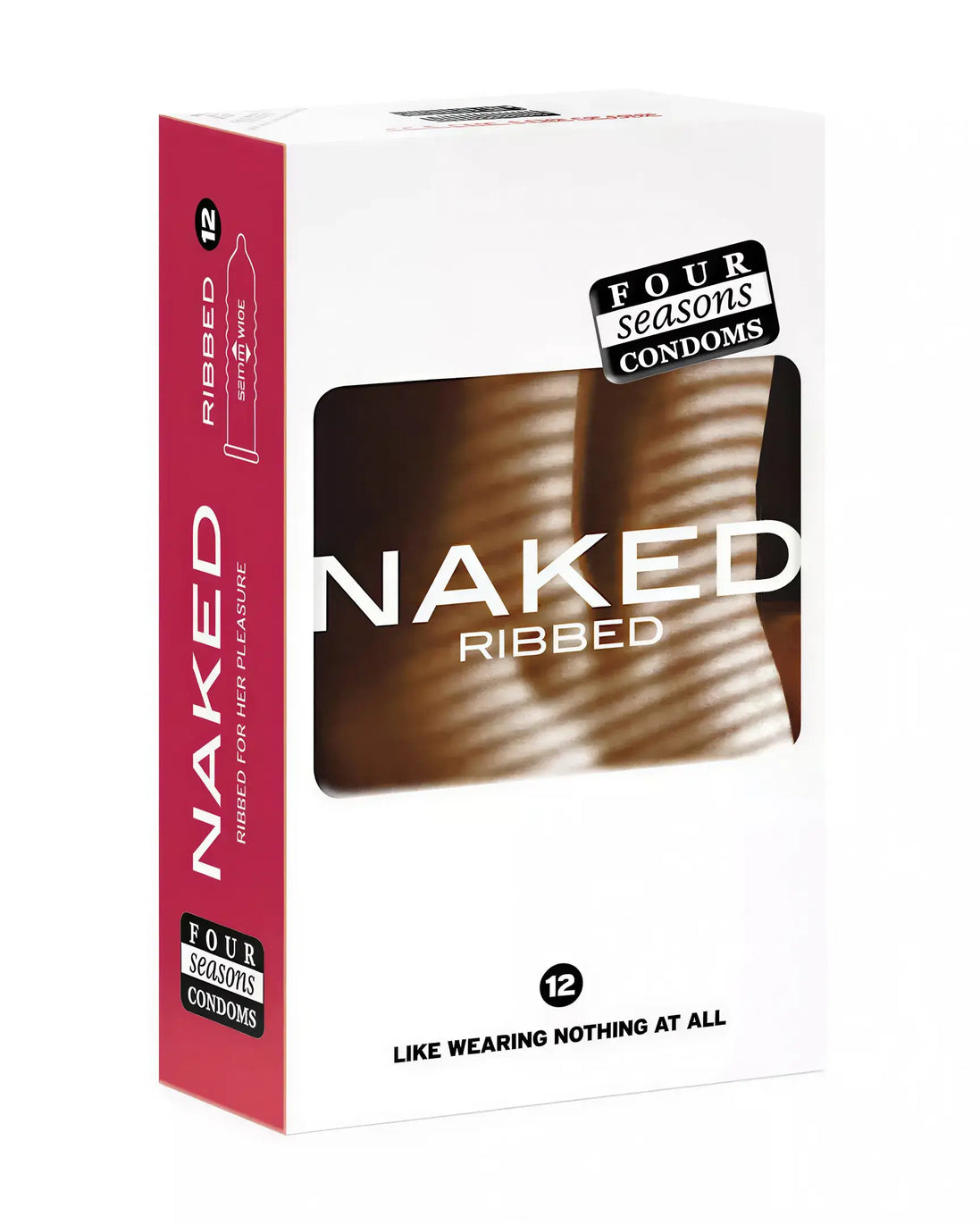 Four Seasons Naked ribbed condoms 12 pack with a white and pink box design featuring product details.