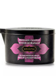 Kama Sutra Island Passion Berry massage candle in a black container with pink floral design, 170g.