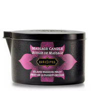 Kama Sutra Island Passion Berry massage candle in a black container with pink floral design, 170g.