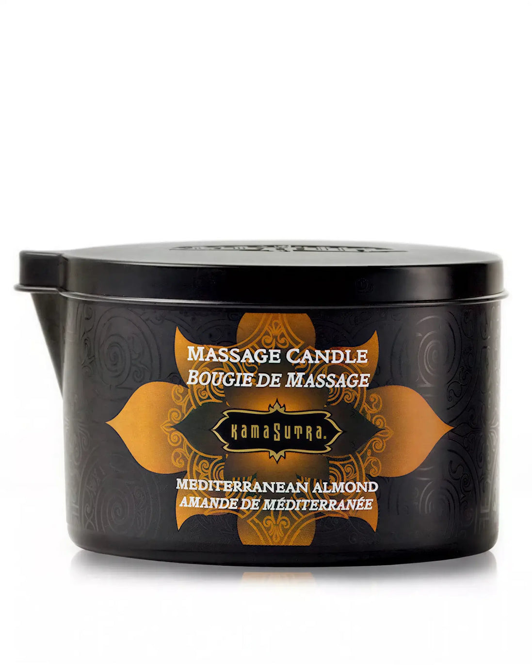Kama Sutra massage candle in a black tin with gold accents, labeled Sweet Almond, 170g capacity.