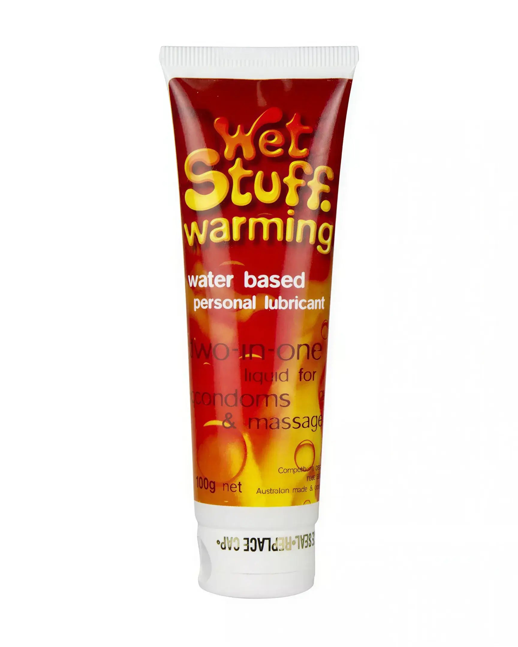 Wet Stuff warming lubricant 100g tube, featuring red and yellow packaging with text highlighting its water-based formula.