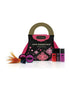 Kama Sutra Love Essentials romantic travel purse with pink and black design, containing various personal care products.