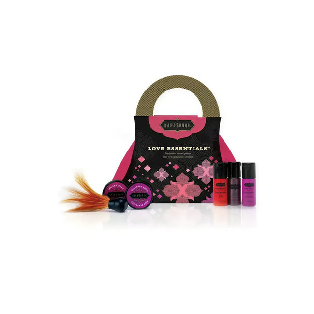 Kama Sutra Love Essentials romantic travel purse with pink and black design, containing various personal care products.