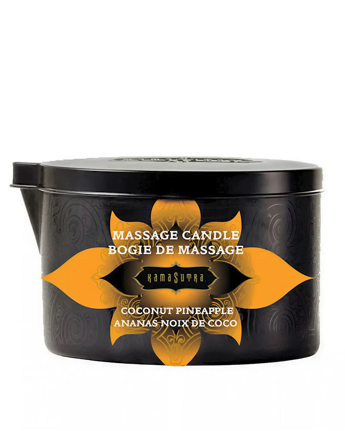 Kama Sutra coconut pineapple massage candle in a black tin with orange floral design, 170g.