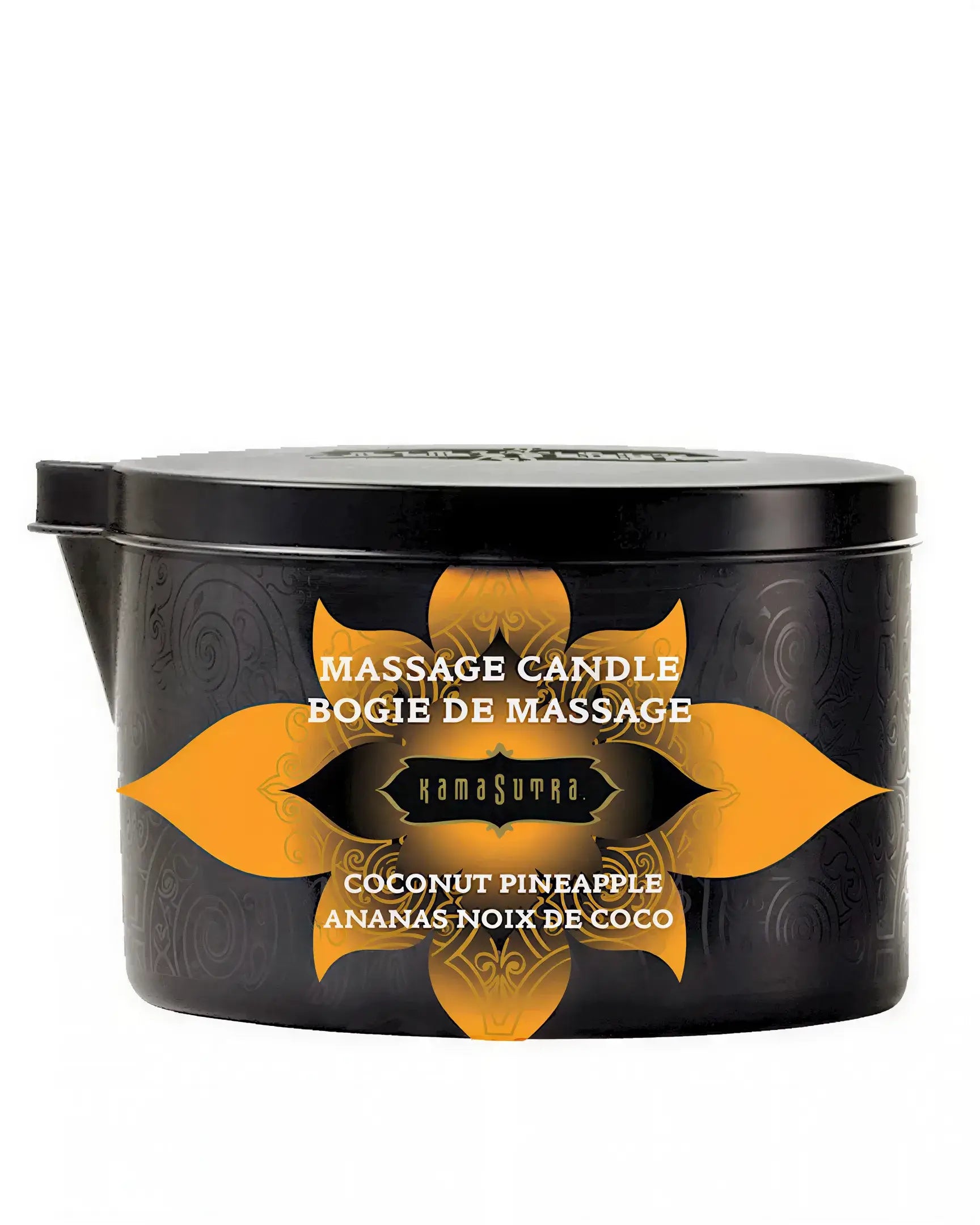 Kama Sutra coconut pineapple massage candle in a black tin with orange floral design, 170g.