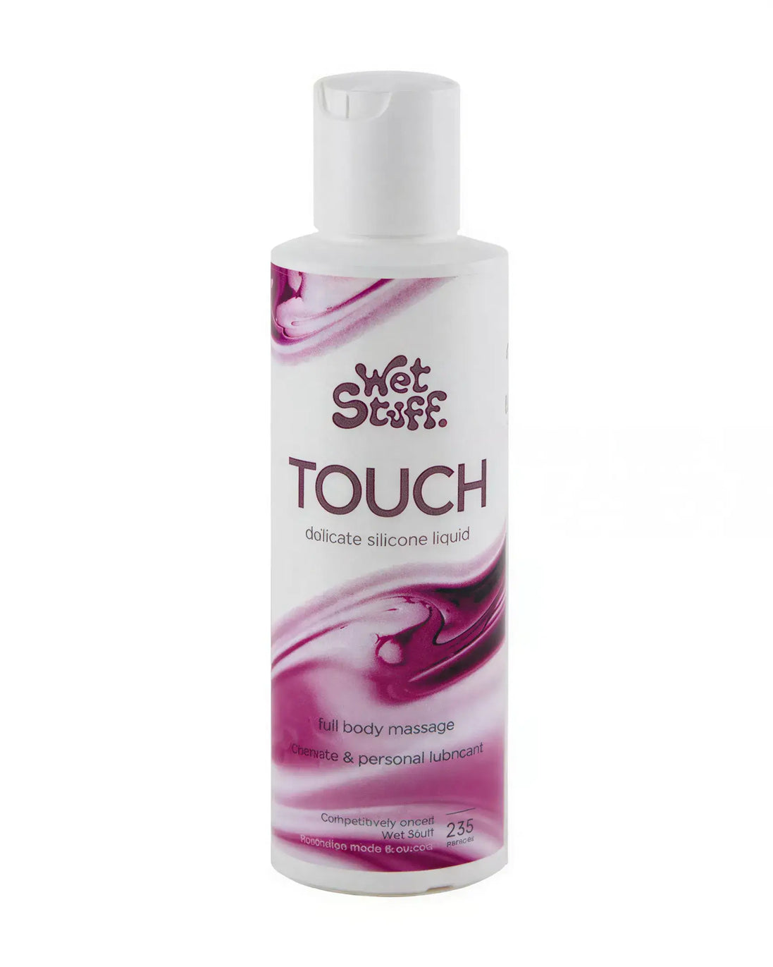 Wet Stuff Touch lubricant 235g bottle with a white cap and purple swirls on the label, suitable for personal use.