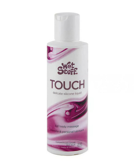 Wet Stuff Touch lubricant 235g bottle with a white cap and purple swirls on the label, suitable for personal use.