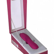 Rocks Off Jira vibrator in a pink box with a clear lid, showcasing the sleek, curved design of the product inside.