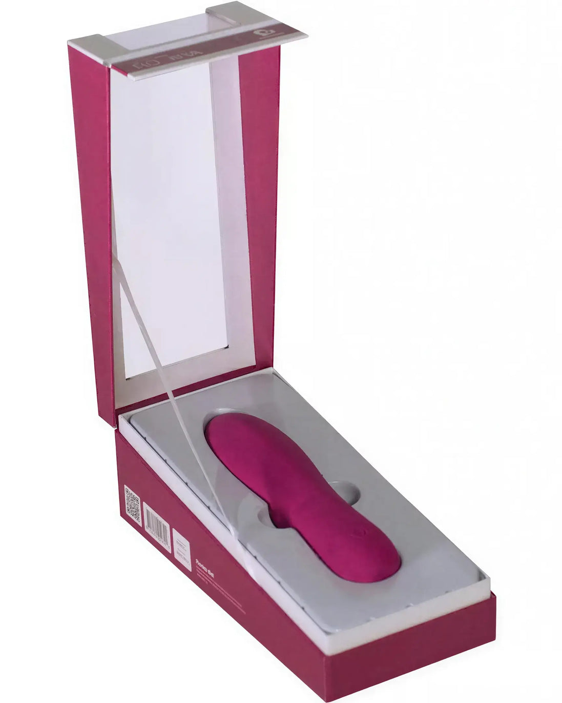 Rocks Off Jira vibrator in a pink box with a clear lid, showcasing the sleek, curved design of the product inside.