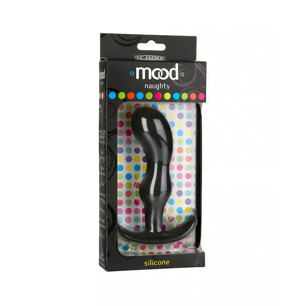 Doc Johnson Mood Naughty Butt Plug in black silicone, displayed in a colorful polka dot packaging.