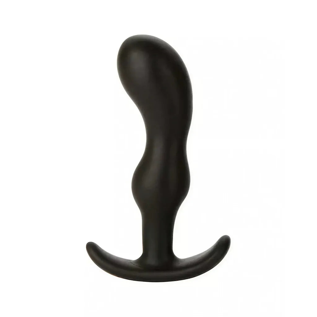 Doc Johnson Mood Naughty Butt Plug in black, featuring a curved design and flared base for safety.