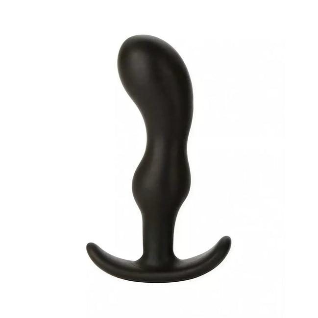 Doc Johnson Mood Naughty Butt Plug in black, featuring a curved design and flared base for safety.