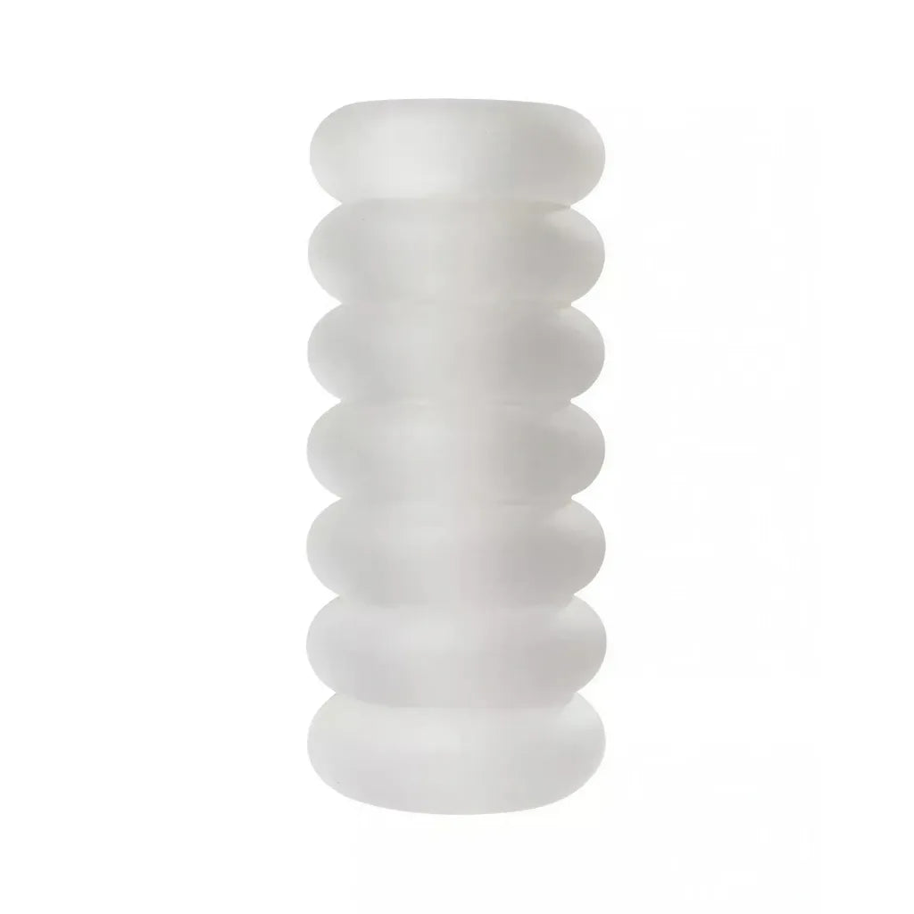 Doc Johnson Mood Ur3 Stroker Thrill in a translucent, ribbed design with a cylindrical shape and smooth texture.