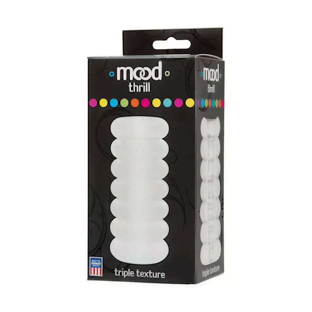 Doc Johnson Mood Ur3 Stroker Thrill in packaging, featuring a clear design with textured surface and colorful accents.