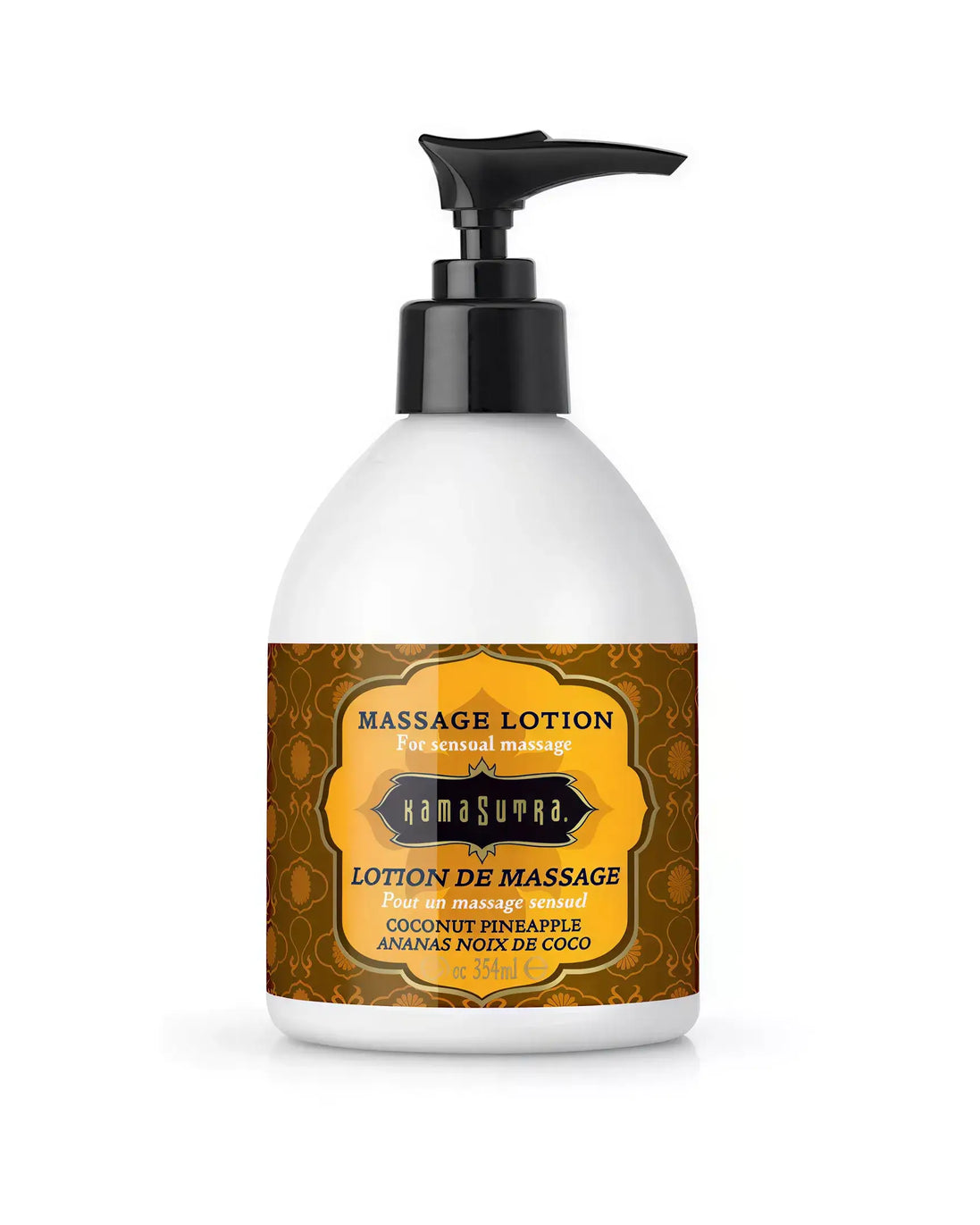 Kama Sutra massage lotion in coconut pineapple scent, 295ml bottle with a pump dispenser and decorative label.
