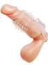 Vibrating textured erection sleeve in flesh tone with raised nodules for stimulation, angled view showcasing details.