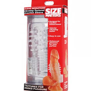 Vibrating textured erection sleeve in flesh tone in a box.