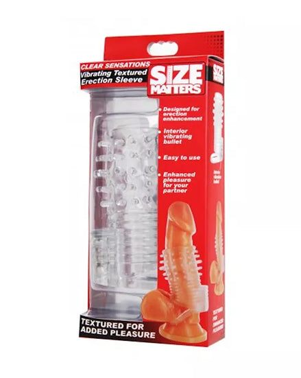 Vibrating textured erection sleeve in flesh tone in a box.