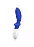 Lelo Loki prostate stimulator in blue and white, featuring a curved design and control buttons on the handle.