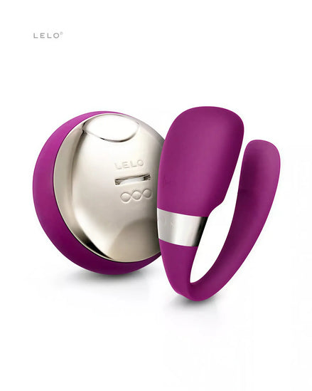 Lelo Tiani 3 vibrator in purple with a sleek design and silver accents, featuring a curved shape for ergonomic use.