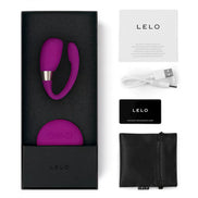 Lelo Tiani 3 vibrator in a black box, with a purple vibrator, USB charger, and user guide.