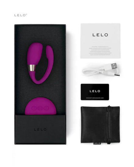 Lelo Tiani 3 vibrator in a black box, with a purple vibrator, USB charger, and user guide.