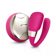Lelo Tiani 3 vibrator in pink silicone with a silver control panel, featuring a curved design for ergonomic use.