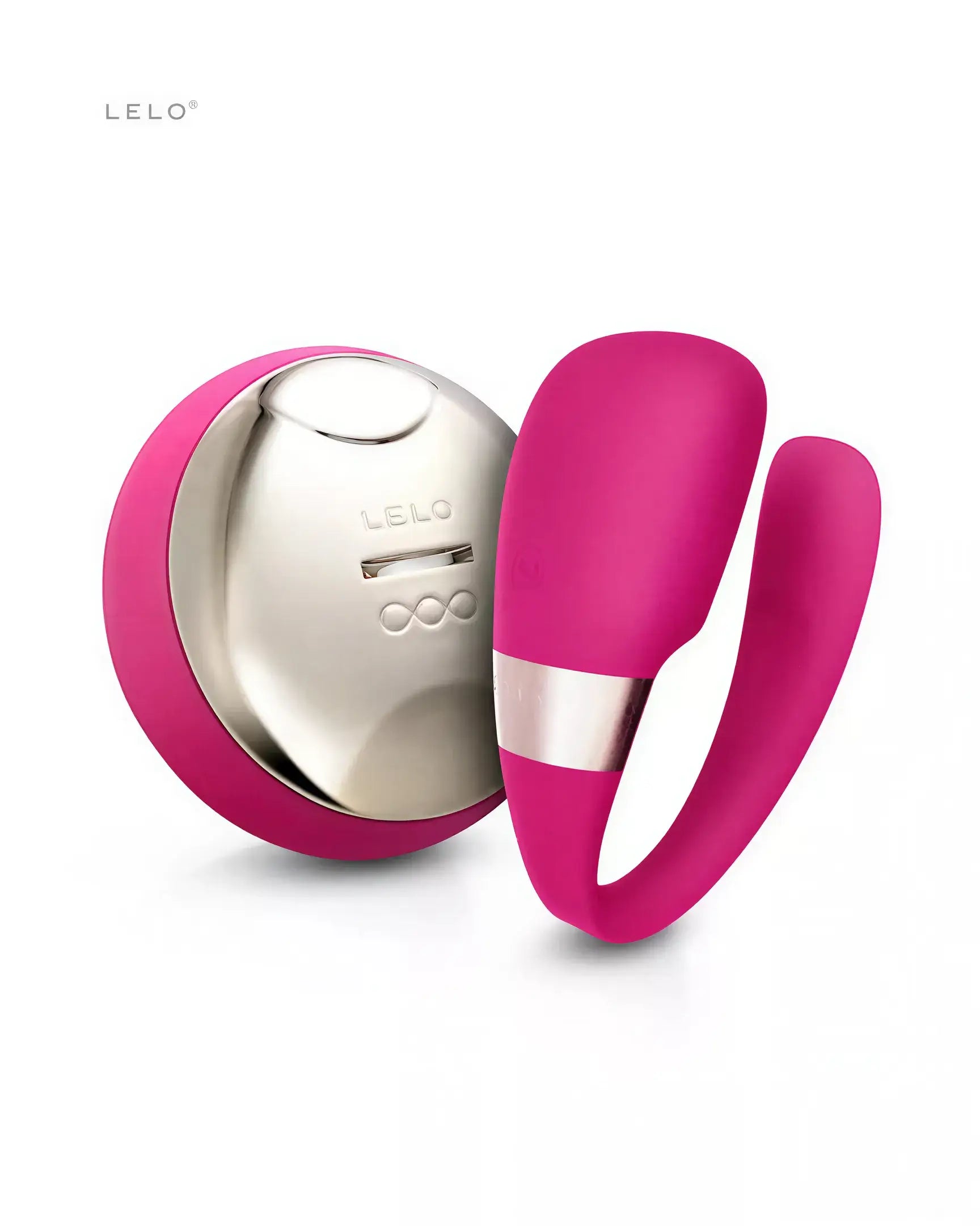 Lelo Tiani 3 vibrator in pink silicone with a silver control panel, featuring a curved design for ergonomic use.