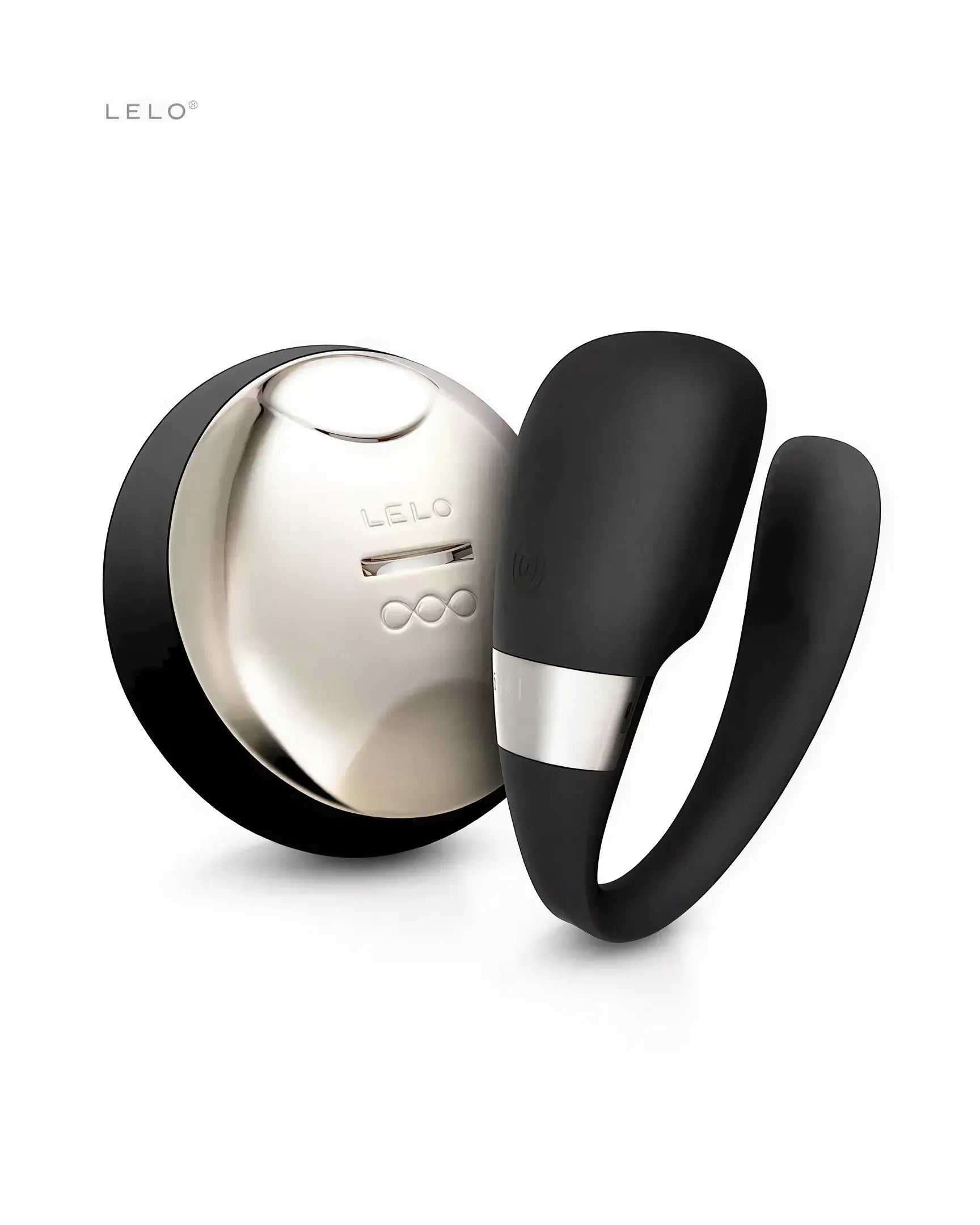 Lelo Tiani 3 vibrator in black with a silver accent, featuring a curved design and a charging base.