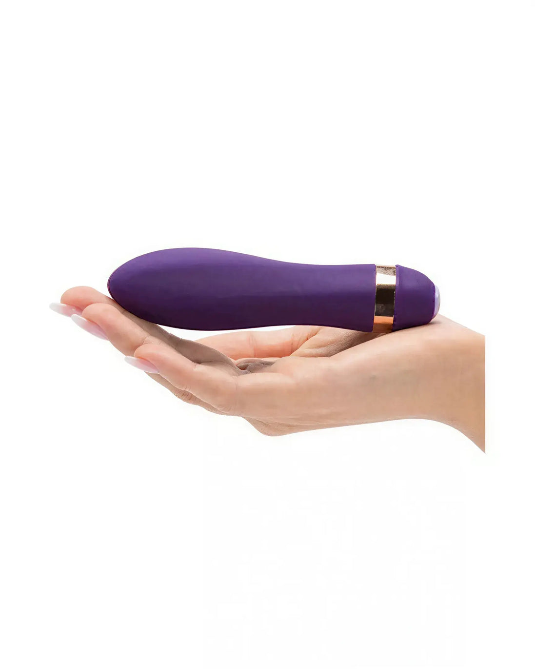 Rocks Off Twister vibrator in purple held in a hand, featuring a sleek design and gold accent.