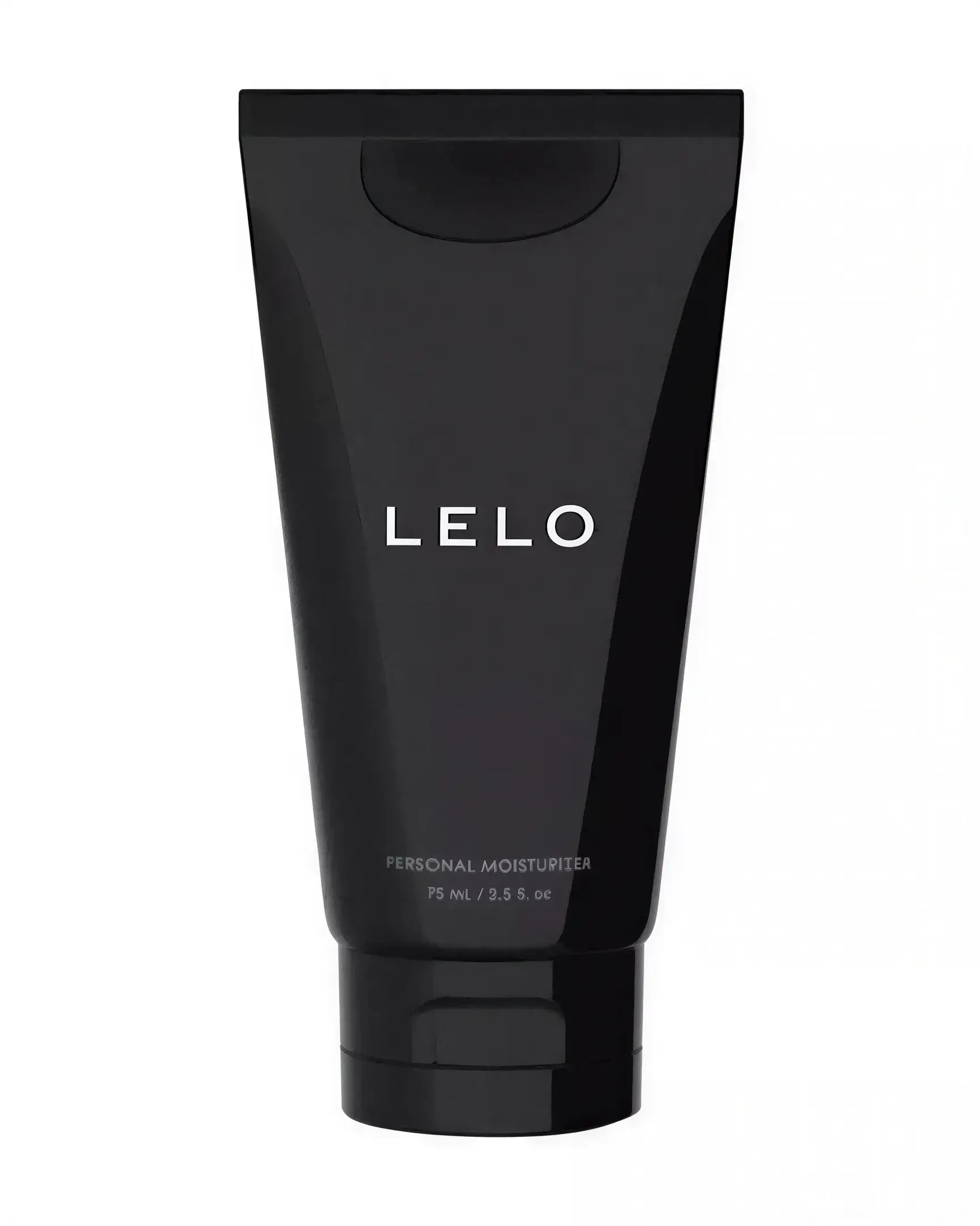 Lelo personal water-based moisturizer in a 75ml black tube with white text.