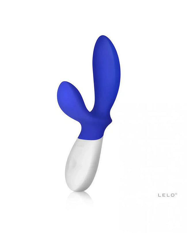 Lelo Loki Wave prostate stimulator in blue and white, featuring a curved design with dual stimulation points.