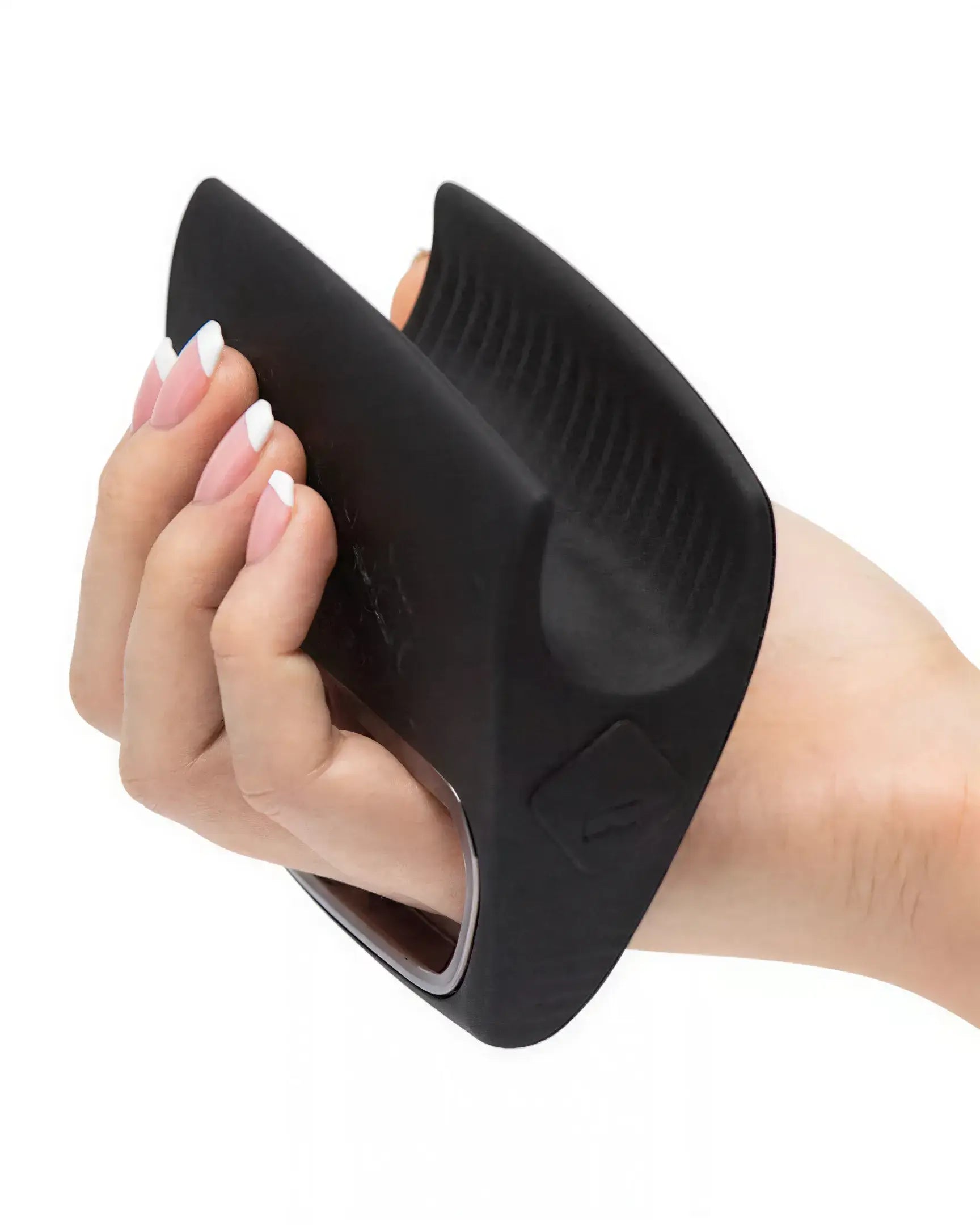 Rocks Off Rise 10 speed vibrator held in a hand, featuring a sleek black design with textured grip.