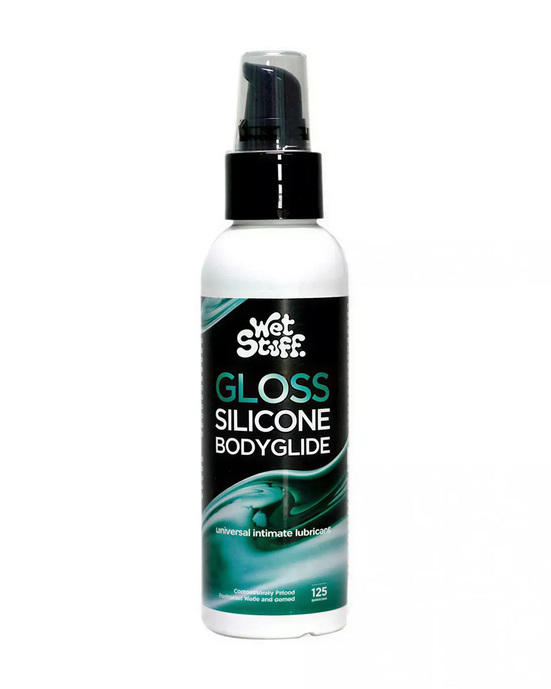 Wet Stuff Gloss Silicone Bodyglide 125g pump top bottle with a black and teal label, featuring a spray nozzle.