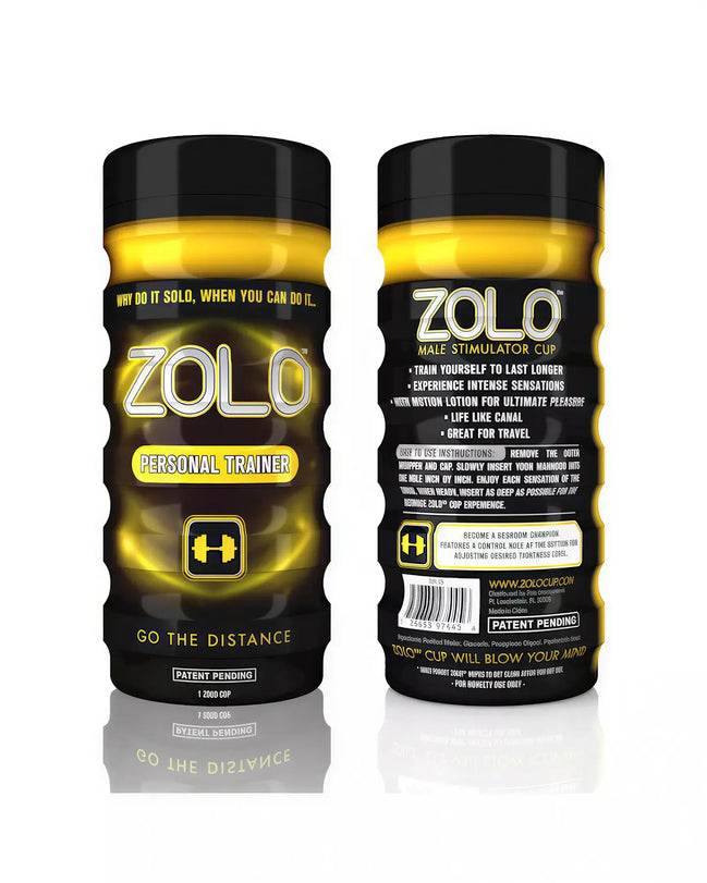 Zolo personal trainer cup featuring a black and gold design with fitness icons and text on both sides.