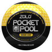 Zolo Pocket Pool Susie Cue, a round black and yellow container with a geometric design and product details on the label.