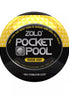 Zolo Pocket Pool Susie Cue, a round black and yellow container with a geometric design and product details on the label.
