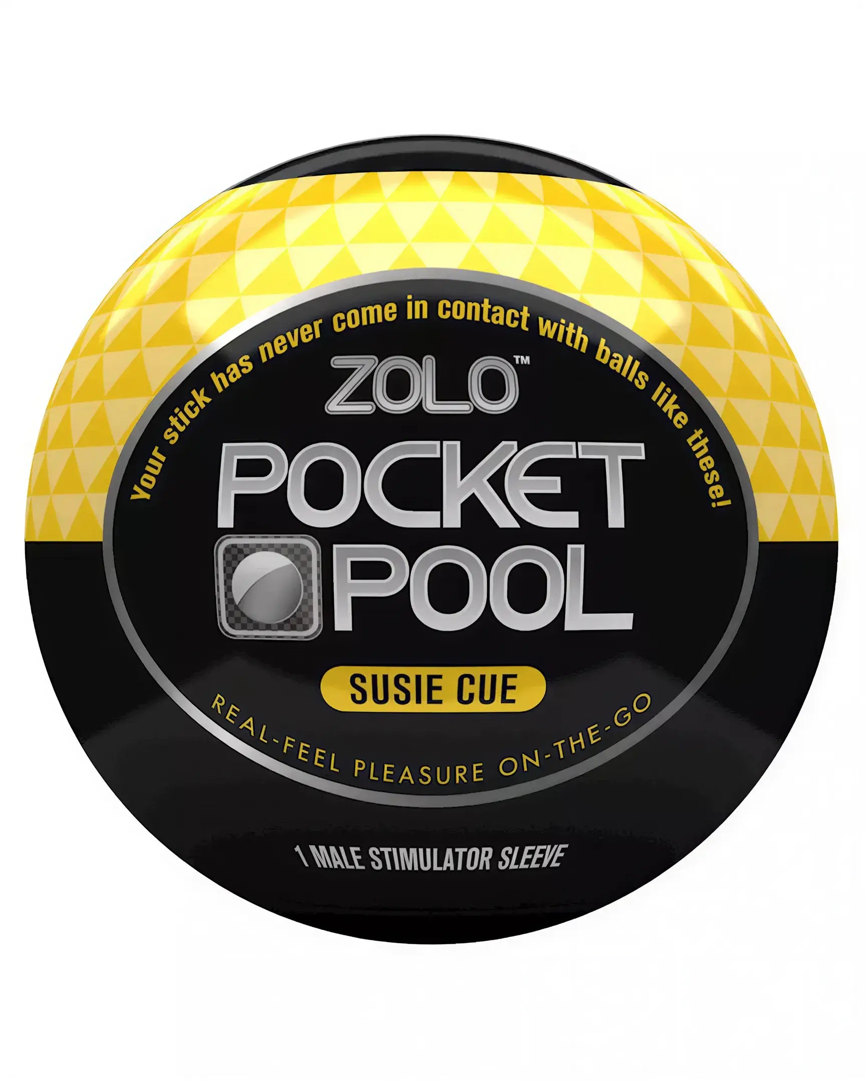 Zolo Pocket Pool Susie Cue, a round black and yellow container with a geometric design and product details on the label.