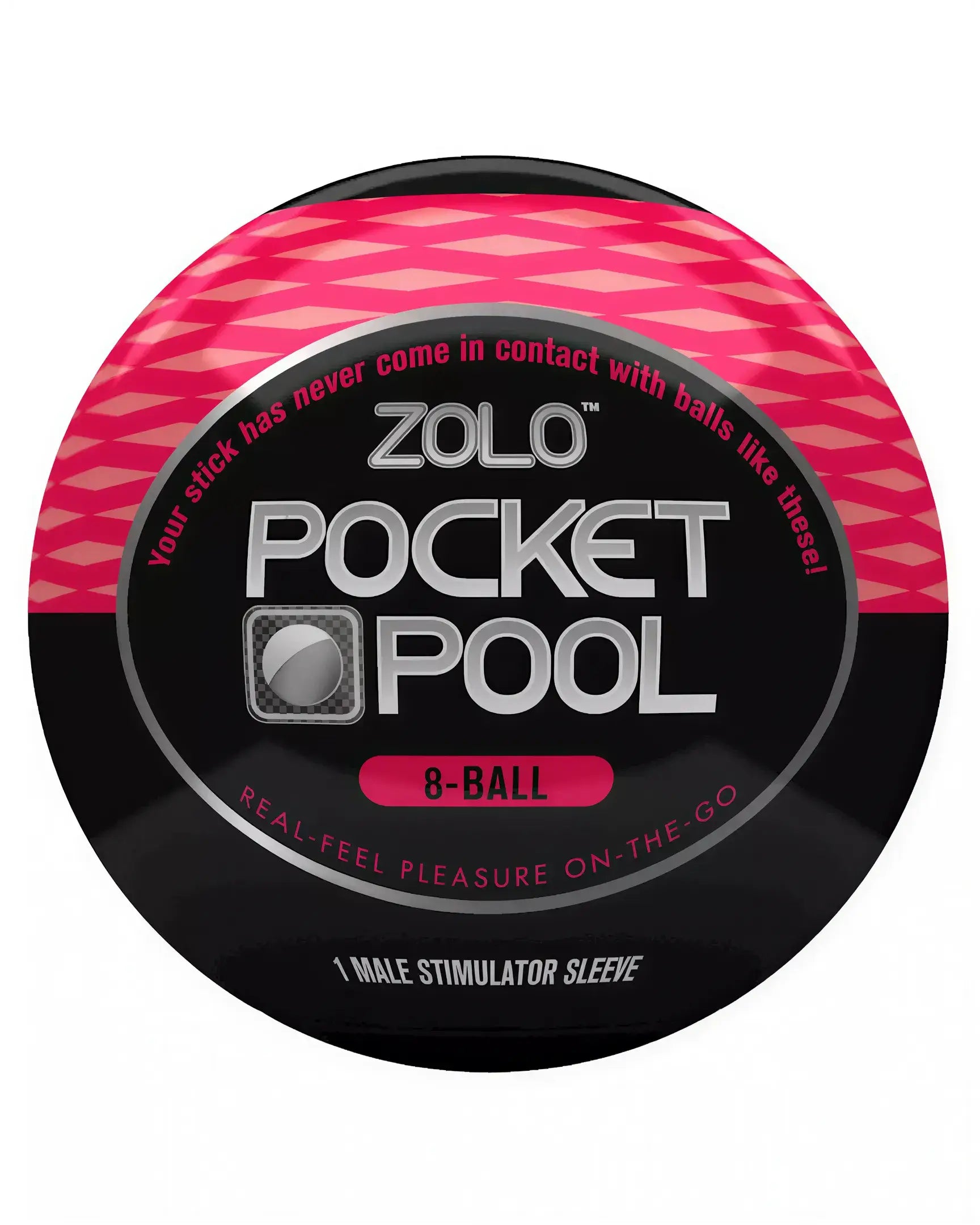 Zolo Pocket Pool Straight Shooter in a round black and pink container, labeled for on-the-go male stimulation.
