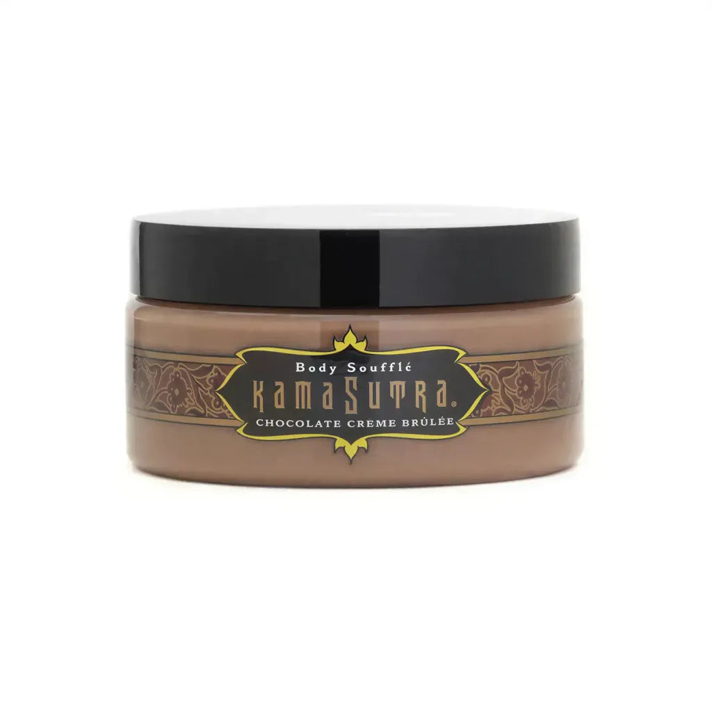 Kama Sutra Body Souffle in Crème Brûlée scent, 200ml jar with a black lid and decorative label.