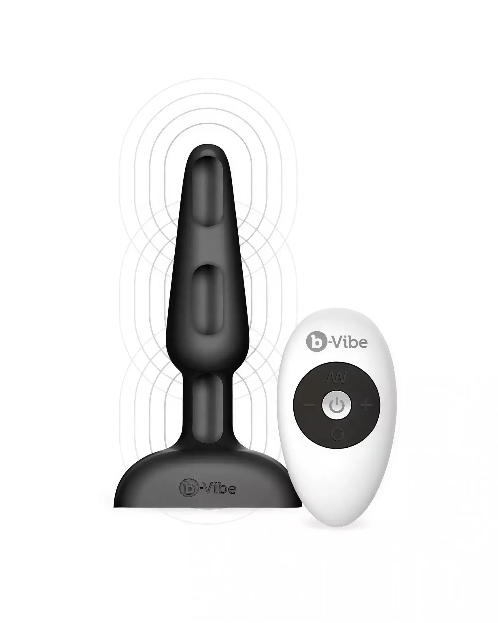 B-Vibe Trio Plug in black with a remote control, featuring a tapered design and textured base.